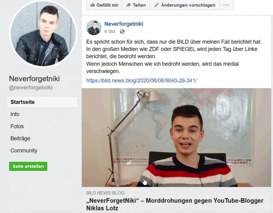 Warnung vor NeverForgetNiki - Morddrohung Fake-News und Datenausspähung - Niklas Lotz